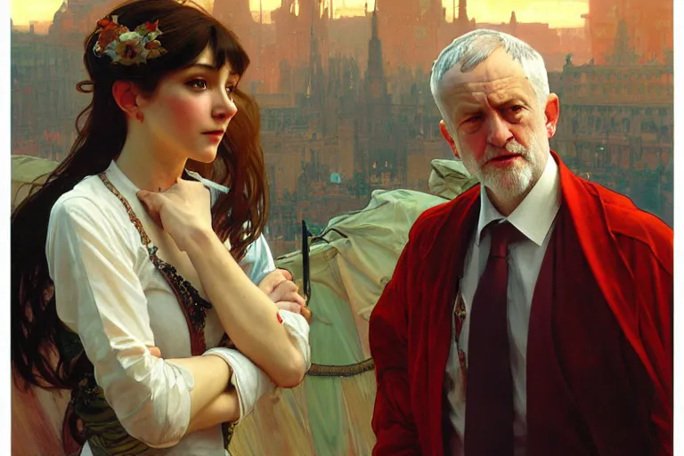 Image similar to jeremy corbyn, nier autoamata, highly detailed painting by ilya kuvshinov, alphonse mucha, gaston bussiere, craig mullins, j. c. leyendecker 8 k