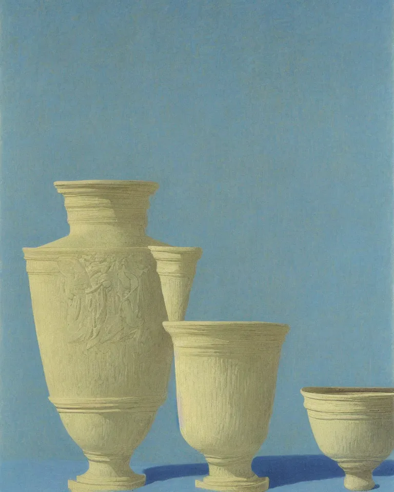 Image similar to achingly beautiful print of one painted ancient greek vase on baby blue background by rene magritte, monet, and turner. symmetrical.