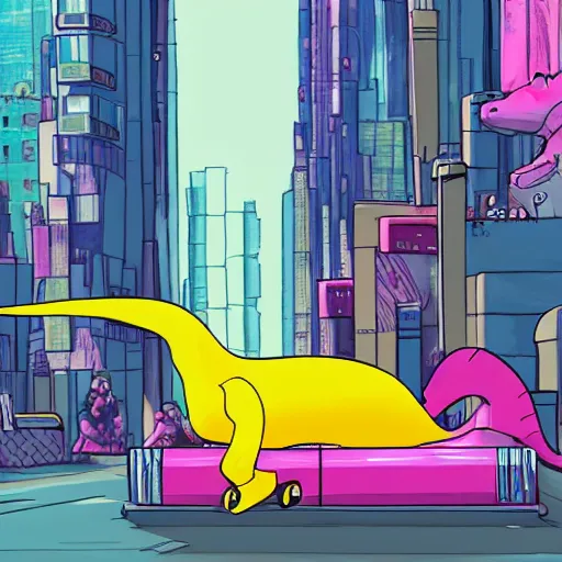 Image similar to a yellow dinosaur on a skateboard chasing a pink cat in a futuristic city, in the style of cyberpunk
