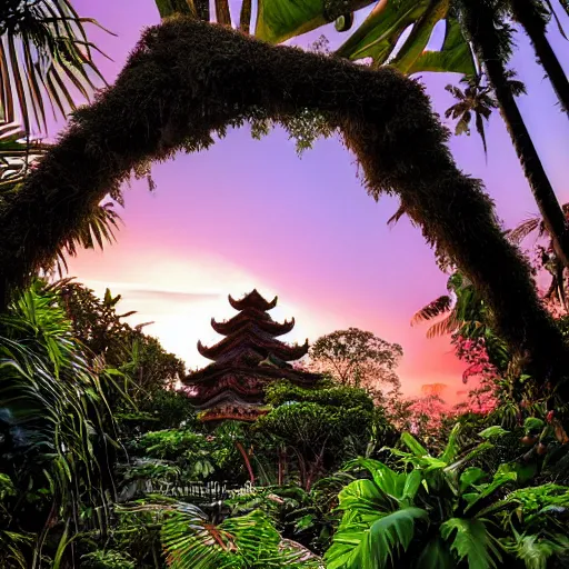Image similar to a jungle temple surrounded by tropical flowers, with a sunset, by alex horley, bokeh photography