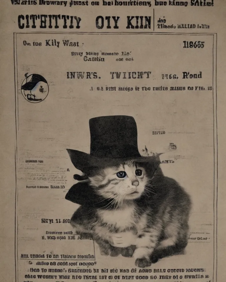 Image similar to 1865 wanted poster Wanted $1000 Reward kitten in cowboy hat Billy the Kit