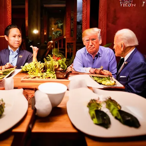 Prompt: Trump and Biden having dinner at a fancy Balinese restaurant, award winning cinematic photography, sigma 85mm Lens F/1.4, blurred background, perfect faces