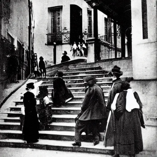 Prompt: 1 9 1 0, paris street scene, montmartre steps, photograph, style of atget, old, creepy