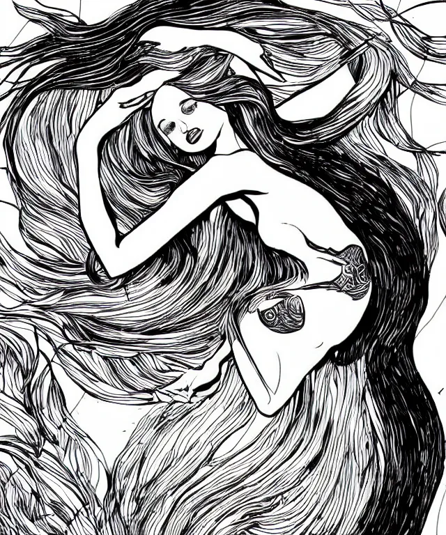 Prompt: black and white illustration, creative design, dark fantasy, fine art, beautiful mermaid, full body, swimming in ocean, fish tail bikini top flowing hair