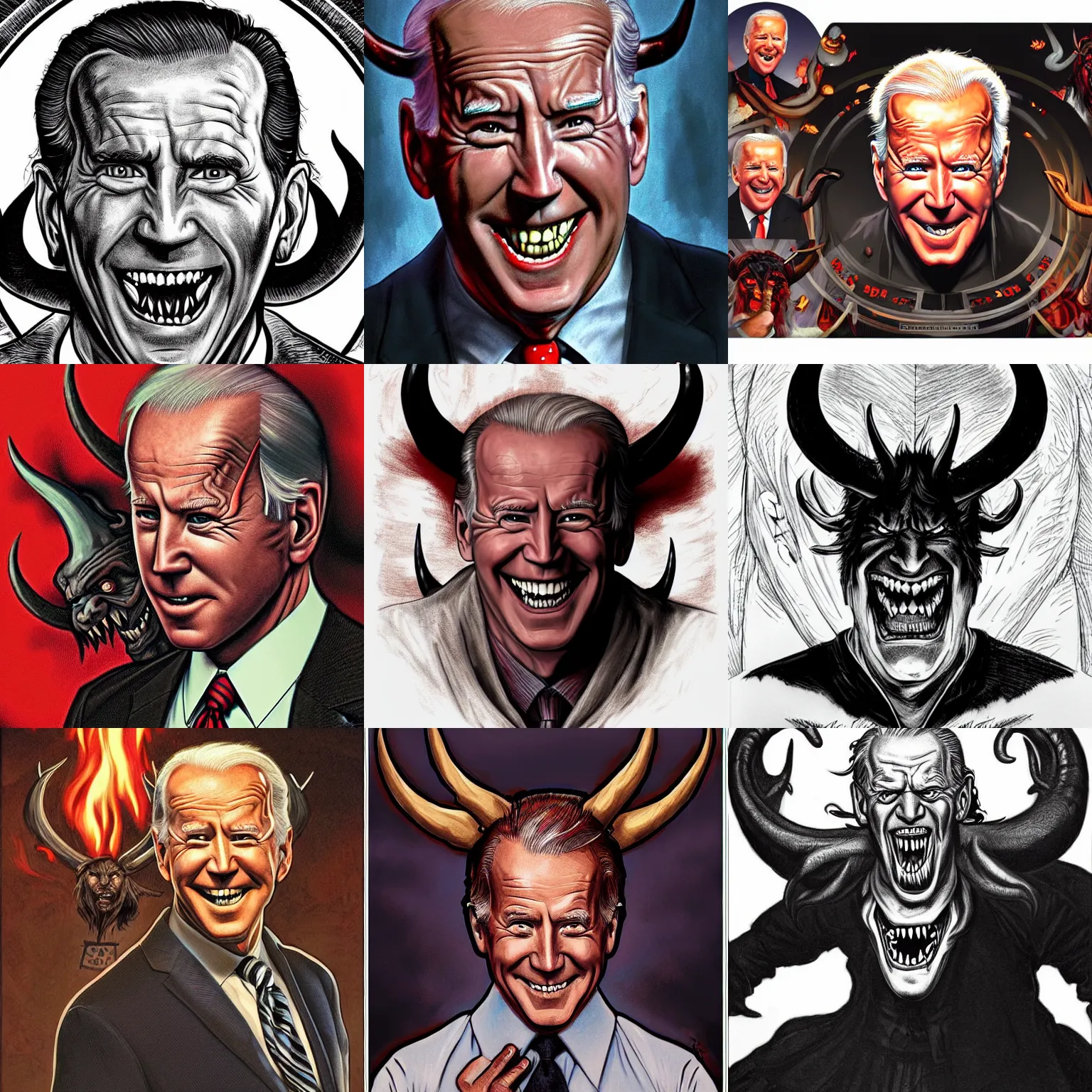 Prompt: phil nato comic art portrait of joe biden as the devil with horns coming out of his head and fangs, headshot, looking up, hyper realistic, horns, flames, 4k, rule of thirds, extreme detail, detailed drawing, trending artstation, hd, fantasy, D&D, realistic lighting, art by artgerm and alphonse mucha and eiichiro oda, sharp focus, backlit, elegant