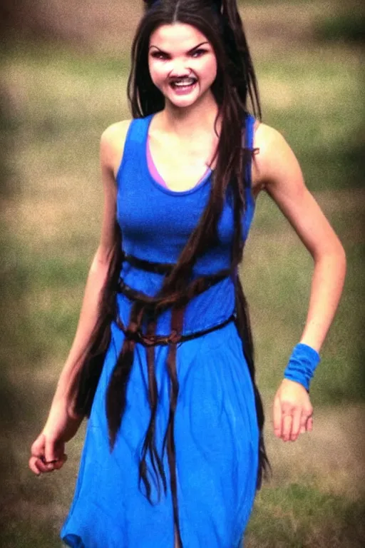 Image similar to fantasy character photo. facial expression of manic obsessive love. danielle campbell. black hair in ponytail. bright blue eyes. tall, lanky, athletic, wiry, slightly muscular. sleeveless light green dress. gleefully telling a bs story full of lies