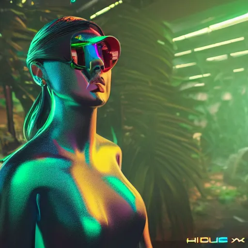 Image similar to a holographic women cyberpunk in the jungle XF IQ4, f/1.4, ISO 200, 1/160s, 8K, RAW, featured in artstation, octane render, cinematic, elegant, intricate