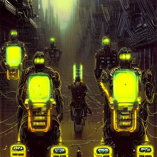 Image similar to cyber riders by bruce pennington, black and yellow, dark neon trimmed beautiful dystopian digital art