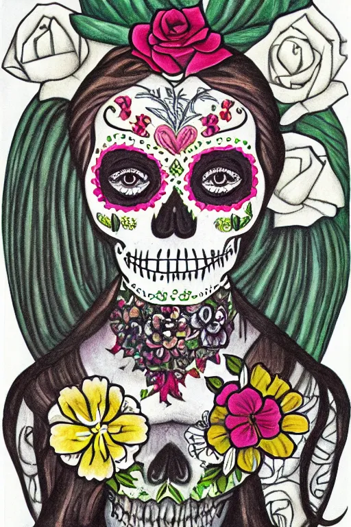 Image similar to illustration of a sugar skull day of the dead girl, art by diego rivera