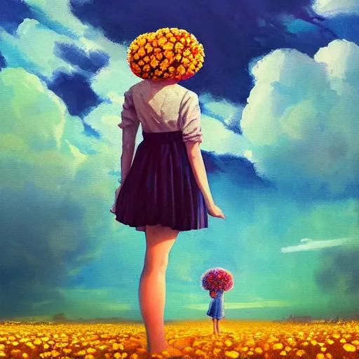 Image similar to girl with a full daisies head, surreal photography, flower field, sunset dramatic light, impressionist painting, colorful clouds, blue sky, digital painting, artstation, simon stalenhag