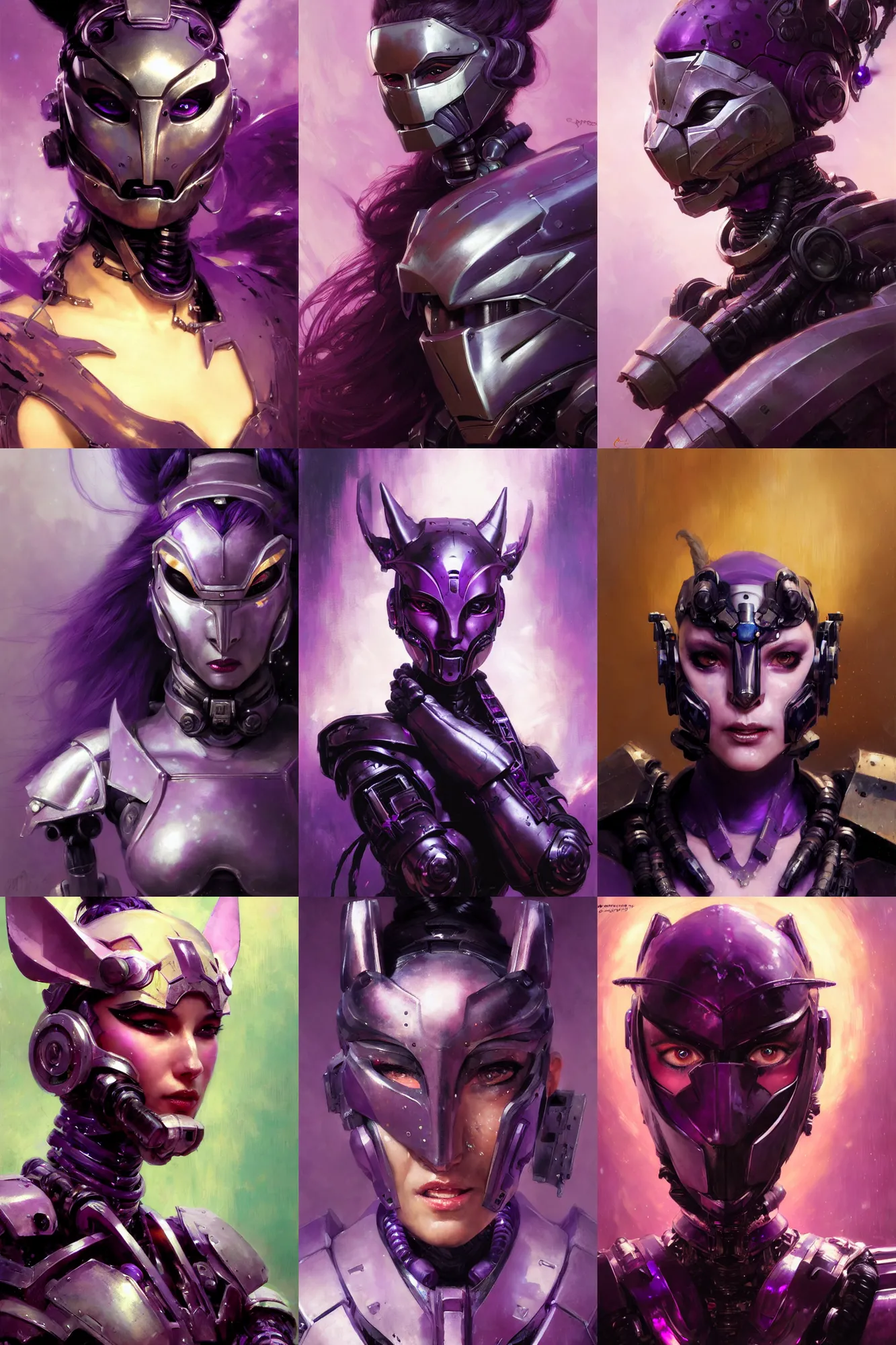 Prompt: extreme close up, facial portrait, woman with a long black ponytail in purple sci - fi armor, kitsune mask on head, mechanical armor, cybernetic hands, striking pose, portrait dnd, painting by gaston bussiere, craig mullins, greg rutkowski, yoji shinkawa