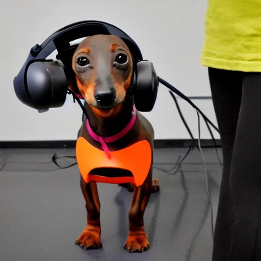 Image similar to dachshund dog wearing vr headset and htc vive trackers recording motion capture