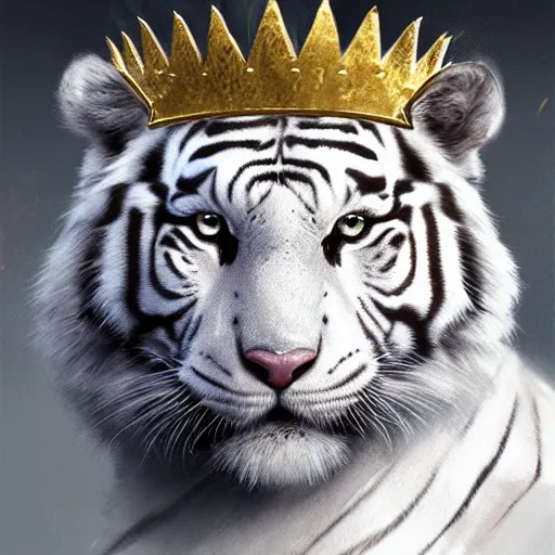 Prompt: artwork of a white tiger king with gold crown, concept art, super detailed, 4 k hd, trending on artstation, digital painted, low contrast, made by greg rutkowski and viktoria gavrilenko