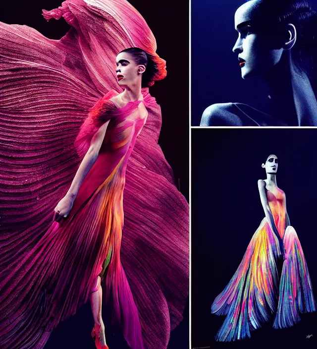 Image similar to la la land unseen film scene of gaz station by night, portrait of seductive sofia boutella dressed by an organic looking dress from designer * iris van herpen *, with stylish colorfull makeup. intriguing soft back lighting, geisha tattoo, highly detailed, skin grain detail, photography by paolo roversi, nick knight, helmut newton, avedon, araki