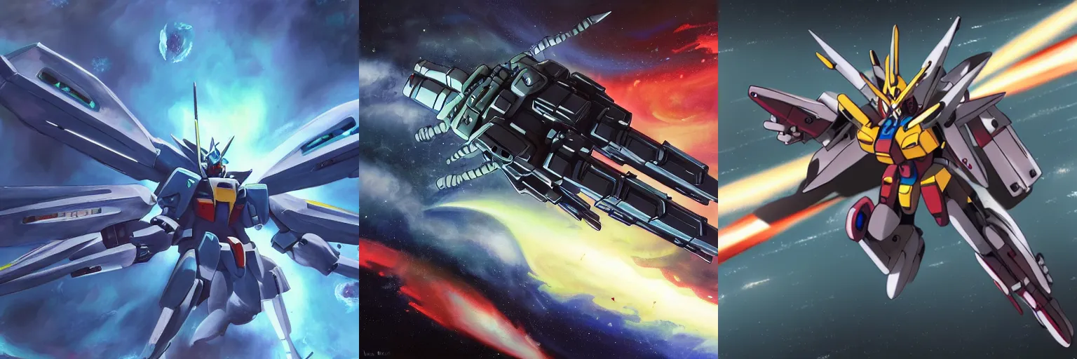 Prompt: a painting and rendering of a gundam and lovecraft style spaceship in motion