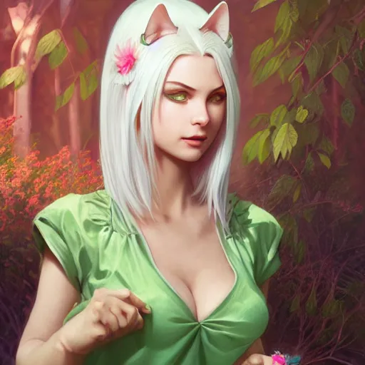 Image similar to ultra realistic illustration, dream girl with white hair, with light green eyes, with cat ears, in a sundress, intricate, elegant, highly detailed, digital painting, artstation, concept art, smooth, sharp focus, illustration, art by artgerm and greg rutkowski and alphonse mucha