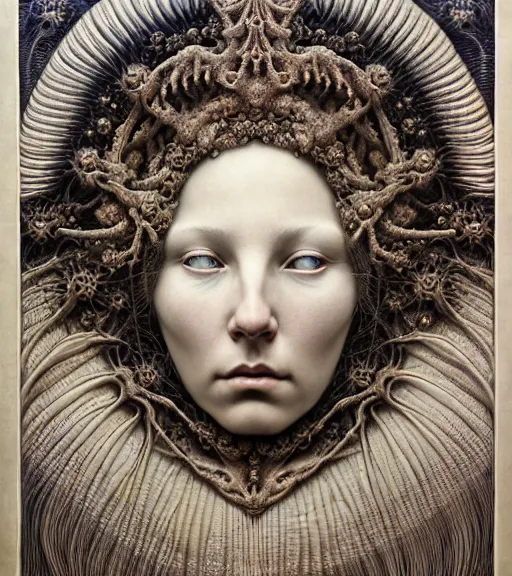 Image similar to detailed realistic beautiful solstice goddess face portrait by jean delville, gustave dore, iris van herpen and marco mazzoni, art forms of nature by ernst haeckel, art nouveau, symbolist, visionary, gothic, neo - gothic, pre - raphaelite, fractal lace, intricate alien botanicals, ai biodiversity, surreality, hyperdetailed ultrasharp octane render