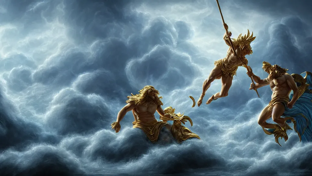 Image similar to Character concept art, Digital Paint, Zeus fighting Poseidon, Character Design, Digital Art, Gold Light, Blue Mist, Divine, Sky, 8K, insanely detailed and intricate, ornate, hyper realistic, super detailed, Cloudy background, Trending on Artstation, in the style of James Jean