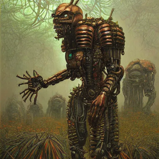 Image similar to a hyperrealistic painting of a cybernetic warrior in the middle of an alien jungle, by john kenn mortensen and zdzislaw beksinski, highly detailed, vivid color,