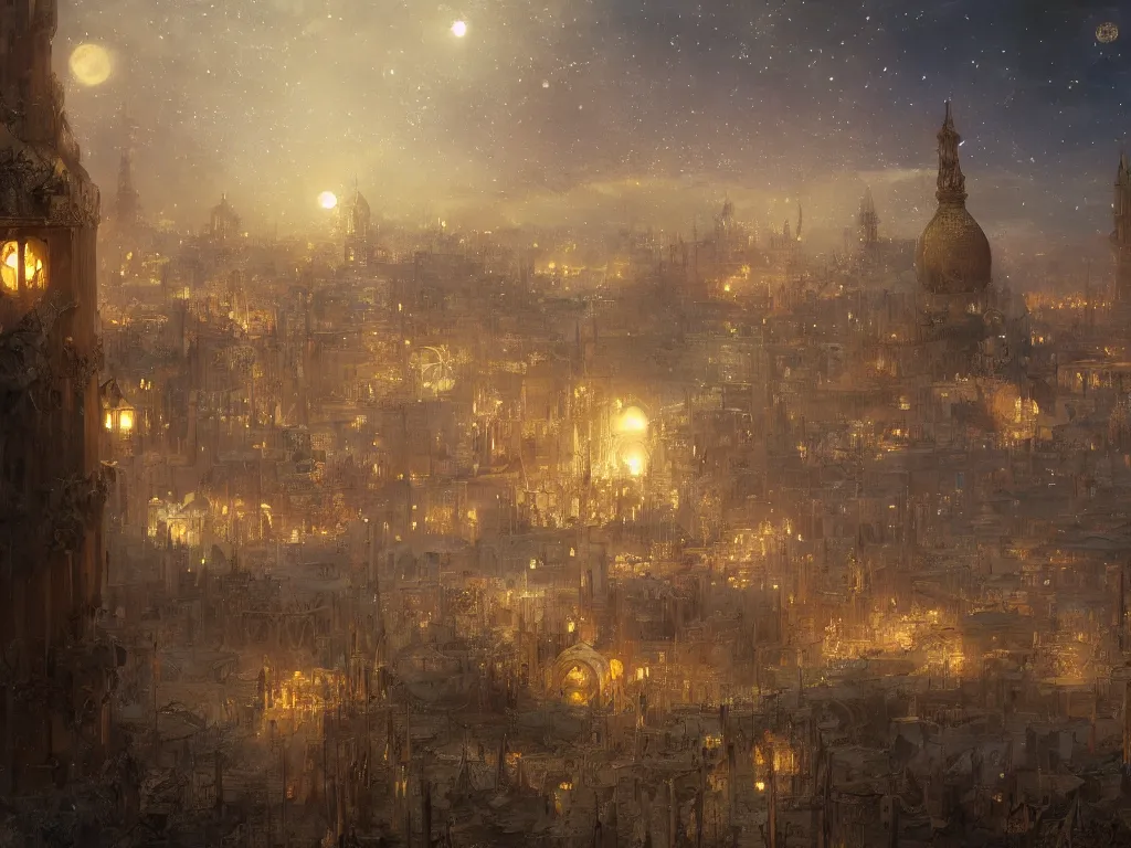 Image similar to a view from the river of a dome - covered city resembling ancient baghdad at night with the sky full of stars, intricate, elegant, highly detailed, digital painting, artstation, concept art, smooth, sharp focus, colored illustration for tattoo, art by krenz cushart and artem demura and alphonse mucha,