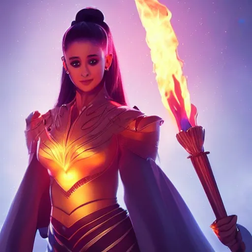 Prompt: Ariana Grande wearing plate armour holding a glowing fire magical staff. Trending on Artstation octane render ultra detailed art by Ross tran