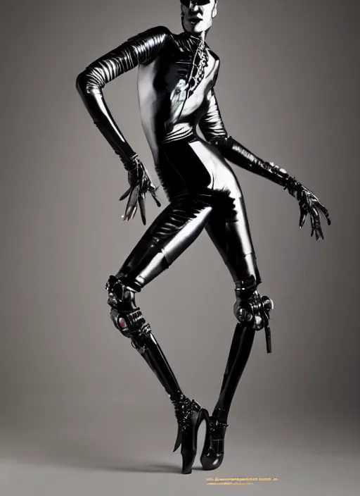 Image similar to a beautiful portrait of grace jones as a cyborg, by gilles berquet, serge lutens, hajime sorayama, wearing atsuko kudo latex outfit, photorealistic, intricate details, hyper realistic, photorealistic, photography, symmetrical features, symmetrical pose, wide angle shot, head to toe, standing pose, feet on the ground,