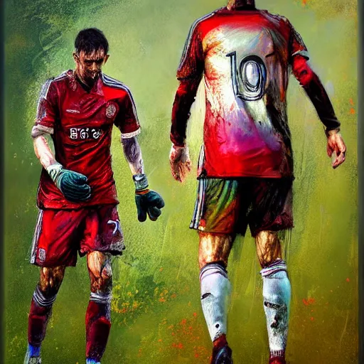 Prompt: A realistic hyperdetailed multi-colored digital oil full body portrait painting of a goal keeper crying on a soccer field in the style of Guy Denning, Ruan Jia, and Craig Mullins. Trending on ArtStation and DeviantArt. CGSociety Digital art.