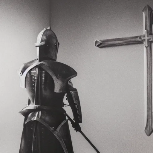 Image similar to A pale young man stands inside a prison cell. Clad in shining armor he kneels and prays to a God others would have long abandoned. Sunshine lightly grazes his cheeks as he prays, his broken spear used as a cross to focus on. The knight's expression is sad, pensive, but resolute, decisive and stubborn. Portrait.