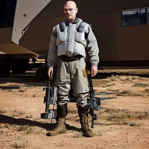 Image similar to Photo of Walter White wearing heavy modern military gear and holding a bulletproof shield, highly detailed, 8k