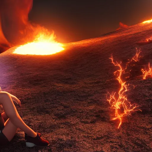 Prompt: a girl on a hill watching a flaming asteroid fall from space, octane render very realistic beatiful 8k digital art
