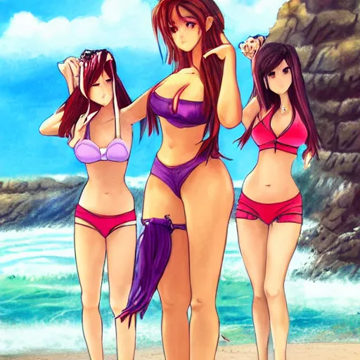 Prompt: beautiful aerith and tifa and jessie from final fantasy in a bikini on the beach making eye contact drawn by WLOP