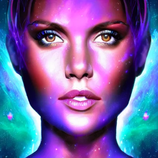 Image similar to portrait from xena the warrior princess, synthwave, universe background, nebula, galaxy, artstation