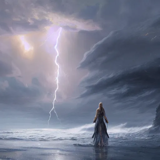 Prompt: concept art, facing the back of a woman standing alone in the middle of a sea storm, wearing a dress, thunderstom, lightning, rain, medieval, dark concept art, painting by wlop, nixeu and greg rutkowski, beautiful, semirealism, artstation, octane render, sharpness, 8 k, golden ratio