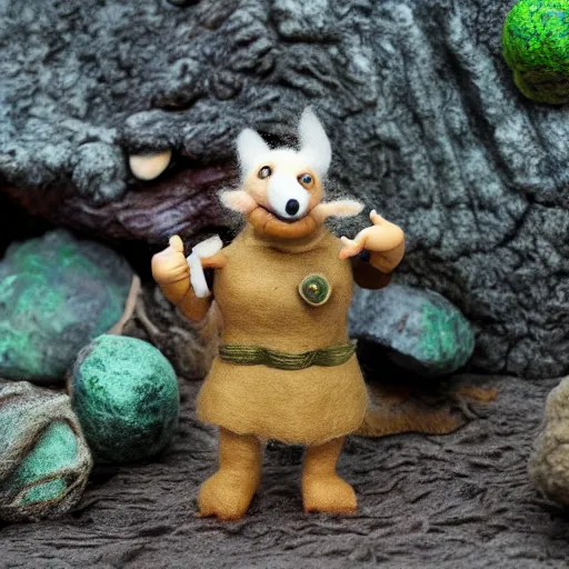 Image similar to high - res photograph of a claymation sculpture action figure cute fluffy critters, highly detailed sculpey diorama, forest setting, waterfall backdrop, realistic materials, wood, felt, cloth, burlap, smooth, sharp foccus, commercial product photography,