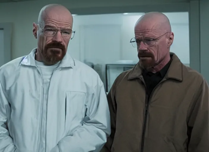 Prompt: Among Us Imposter talking with Walter White, movie screenshot, detailed, realistic, clean composition