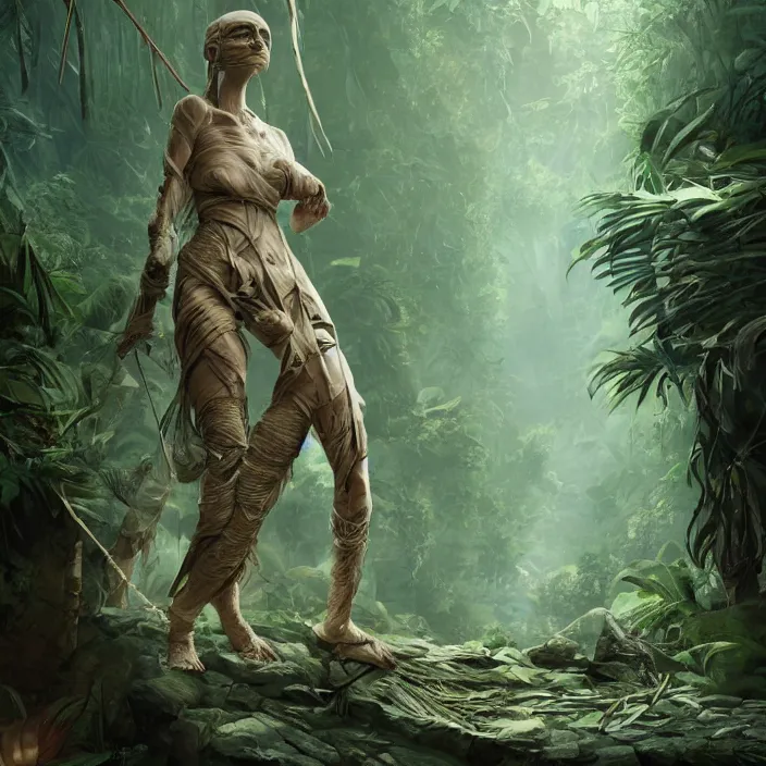 Image similar to bandaged mummy in jungle, old school dungeons and dragons art, concept art, cgsociety, octane render, trending on artstation, artstationHD, artstationHQ, unreal engine, green ratio, symmetric, elegant, 4k, 8k