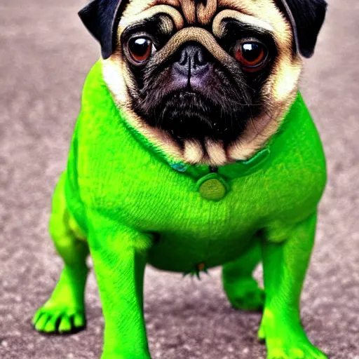 Prompt: pug dog turning into the Incredible Hulk, green skin, angry, torn clothes, marvel comics, cell animation, intricate detail,