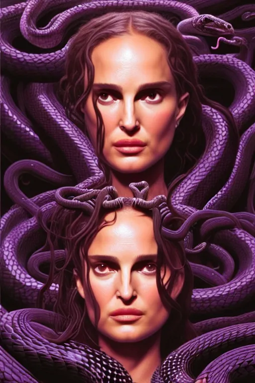 Prompt: Medusa, Natalie Portman, lots of snakes for hair, snakes details, many snakes, background full of snakes, portrait, very detailed, dramatic lighting, electrical details, high details, 4k, 8k, trending on artstation, by Greg Rutkowski, Wayne Barlowe, Hajime Sorayama and Boris Vallejo