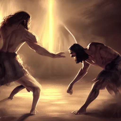 Image similar to Jesus beating up Satan on the floor, dynamic lighting, photorealistic concept art, trending on art station, stunning visuals, creative, cinematic, ultra detailed