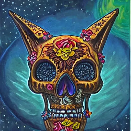 Image similar to a dia de los muertos themed fox skull character, themed on the stars and moon, painting by jeff easley