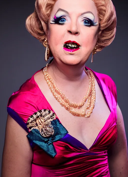 Image similar to studio portrait of lindsey graham in full drag dressed in drag dressed as a woman makeup, 8 k, studio lighting, key light, back light, sequents,