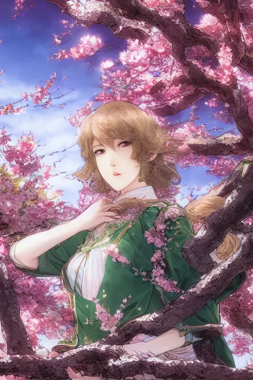 Image similar to the emerald herald under a cherry blossom tree, hidari, color page, tankoban, 4K, tone mapping, Akihiko Yoshida