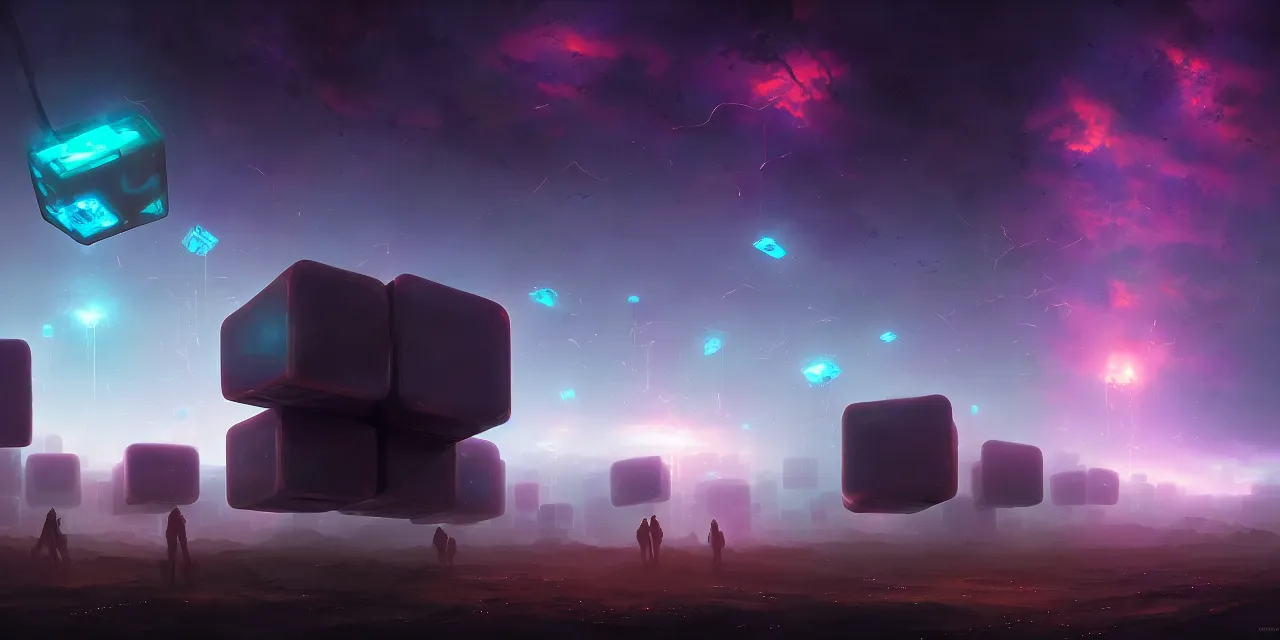 Image similar to a fleet of giant glowing futuristic cubes tied to each other with huge thick messy wires in the sky, a fantasy magical landscape seen in the distance, atmospheric lighting, intricate, volumetric lighting, beautiful, sharp focus, ultra detailed, in the art style of marc simonetti, bowater charlie and brom gerald, astrophotography