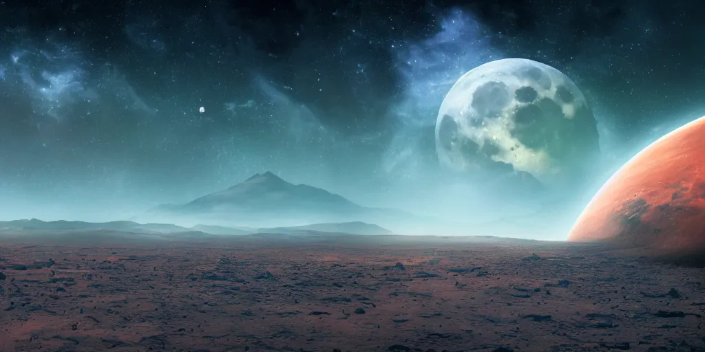 Image similar to moon setting, space, galaxy, milkyway, nebula, Mars, planets, neon, cinematic, realistic, glow, beautiful,