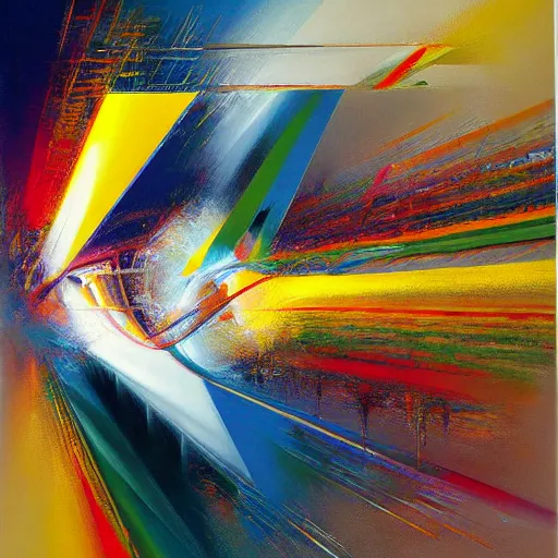 Image similar to abstract art representing momentum, oil painting by john berkey and gabriel dawe, masterwork