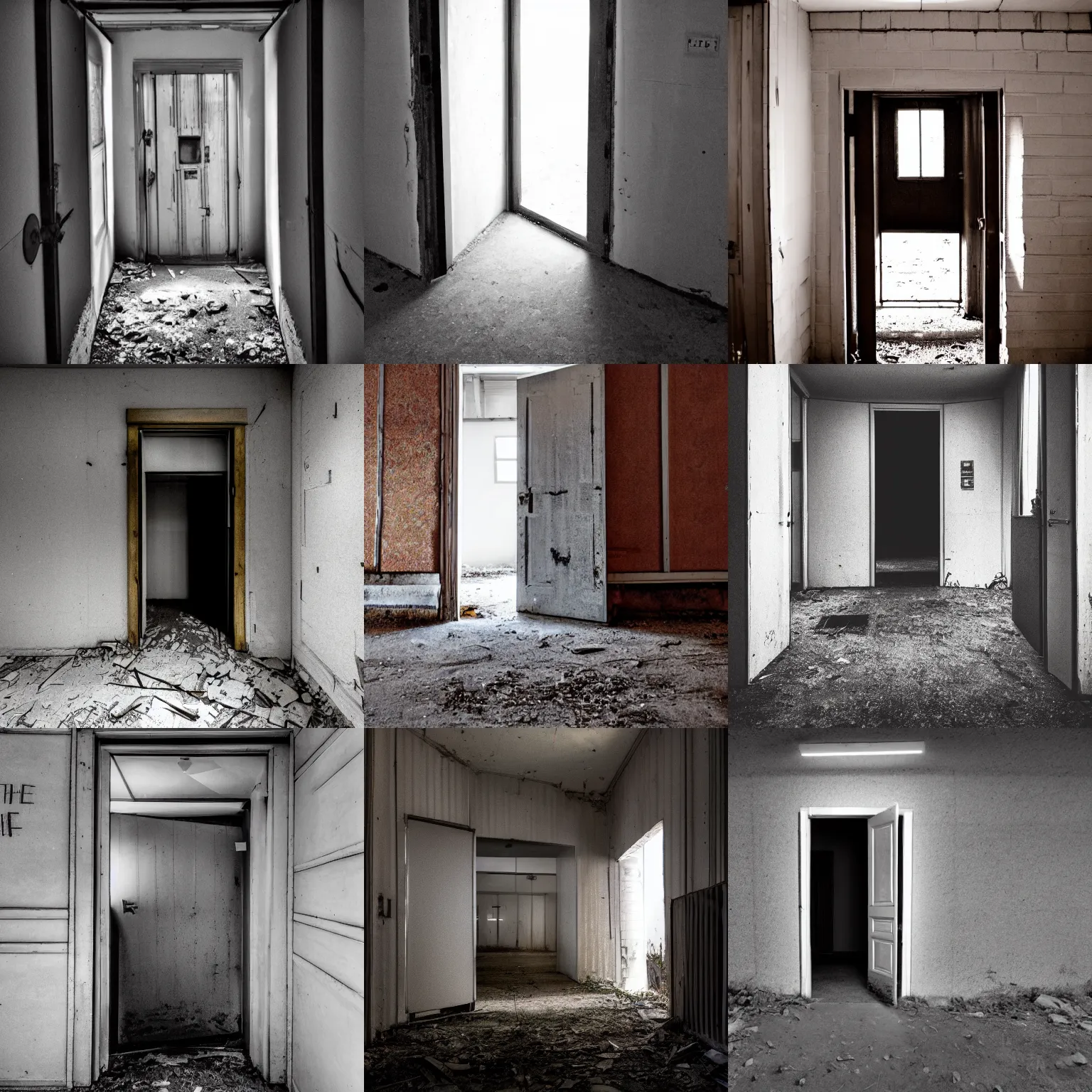 Prompt: a doorway leading to the inside of a liminal space abandoned rural office building with non-euclidean hallways