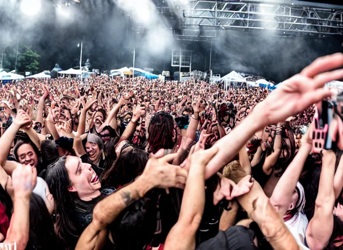 Image similar to photo still of andrew wk at the vans warped tour!!!!!!!! at age 3 6 years old 3 6 years of age!!!!!!!! stage diving into the crowd, 8 k, 8 5 mm f 1. 8, studio lighting, rim light, right side key light