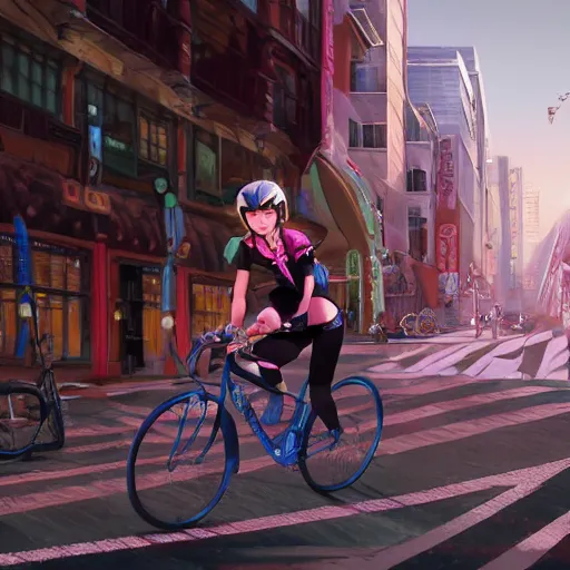 girl riding on racing bike through city, digital art, | Stable ...