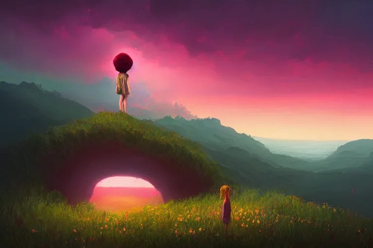 Prompt: giant flower over head, girl standing on cliff, surreal photography, sunset, stars, dramatic light, impressionist painting, storm clouds, digital painting, artstation, simon stalenhag
