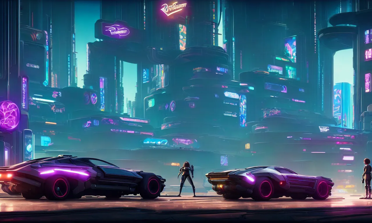 Image similar to a wholesome animation key shot of a futuristic car as a Cyberpunk 2077 loading screen, medium shot, architecture, studio Ghibli, Pixar and Disney animation, sharp, very detailed, high resolution, inspired by Hayao Miyazaki, anime key art by Greg Rutkowski, Bloom, dramatic lighting